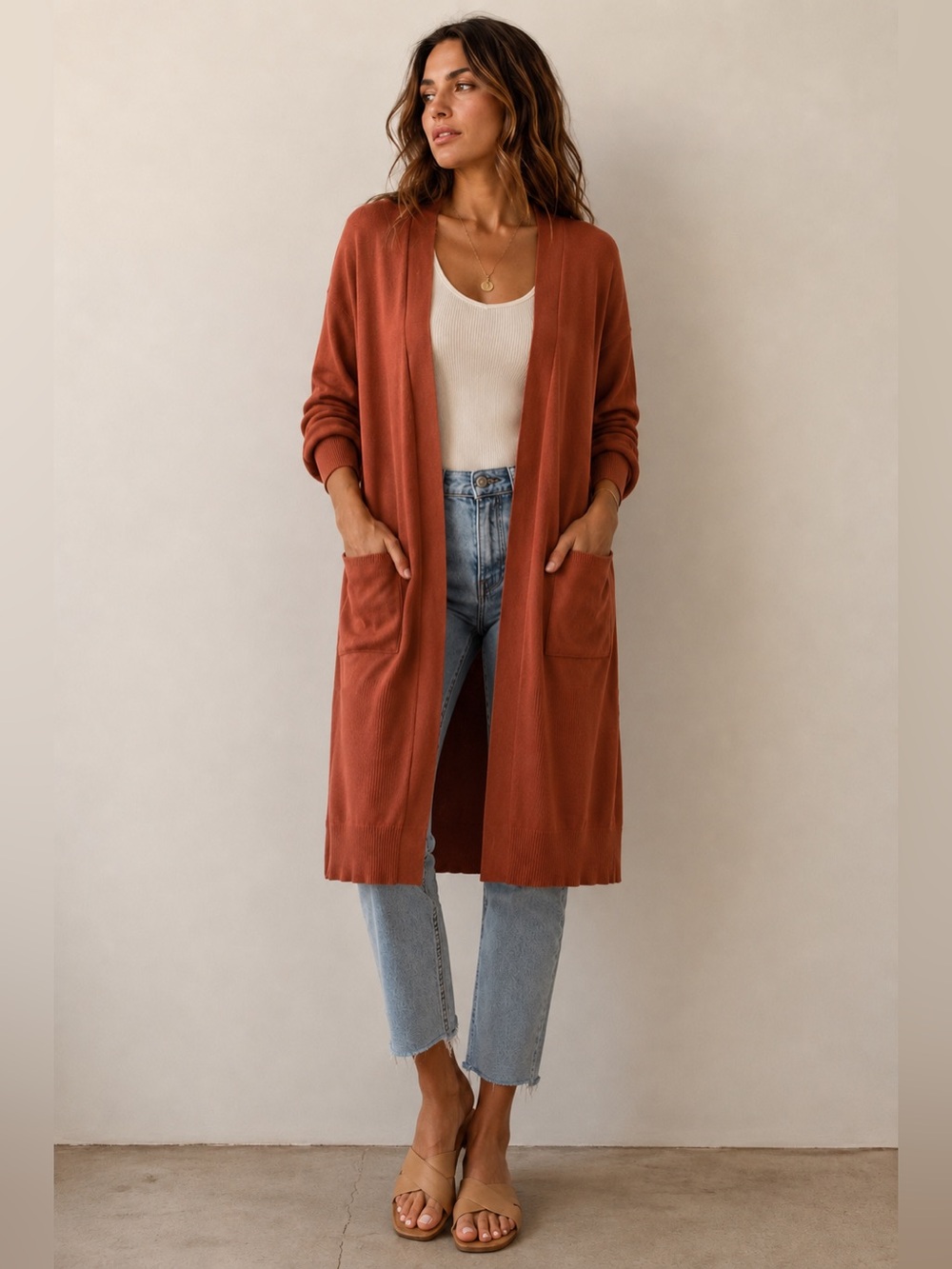 Debut Rust Open Front Cardigan Sweater Viscose Blend Lightweight Knit Cozy Layer